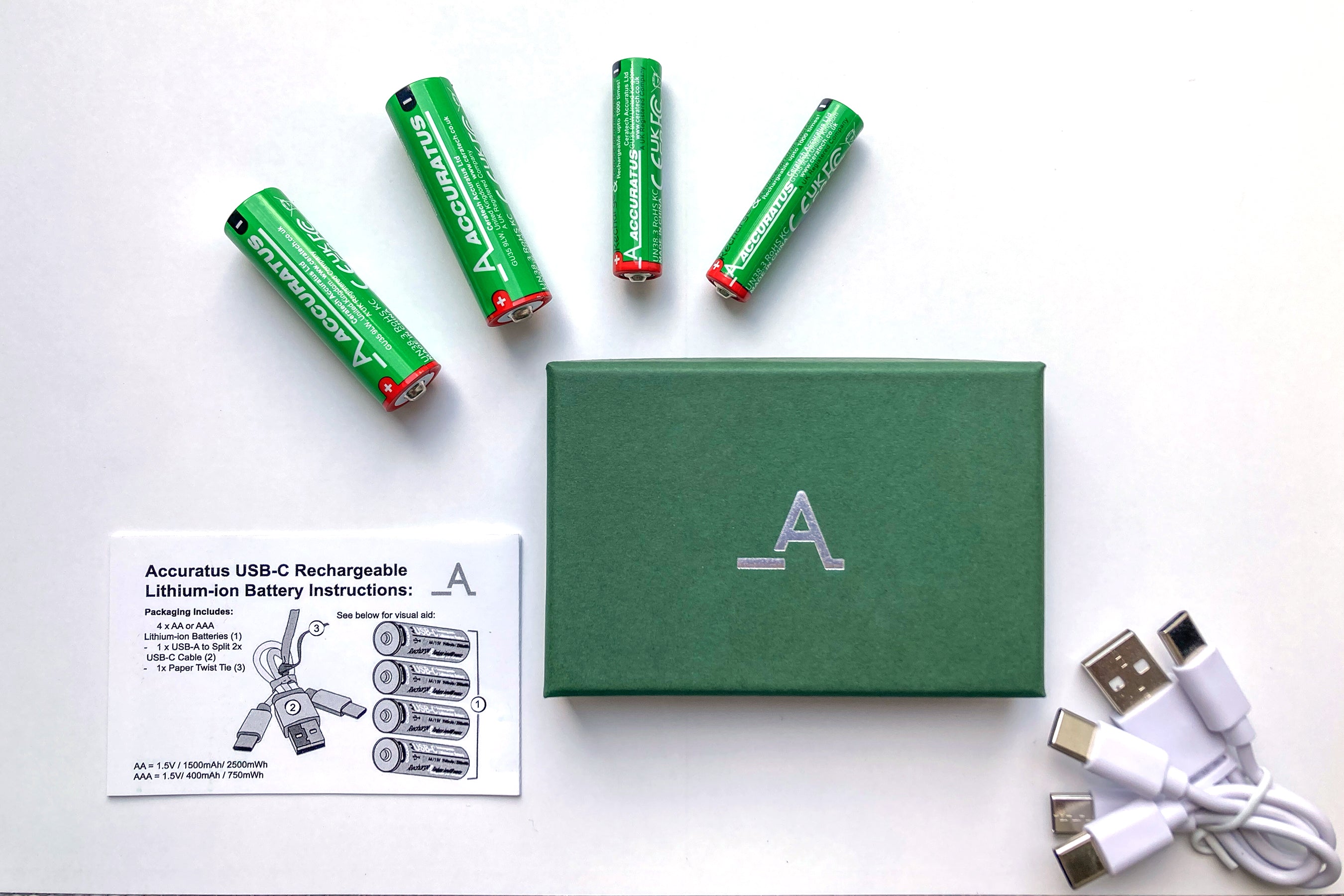 Accuratus Power-Up Batteries - USB-C Rechargeable Lithium-ion AA x2 & AAA x2 Battery Set