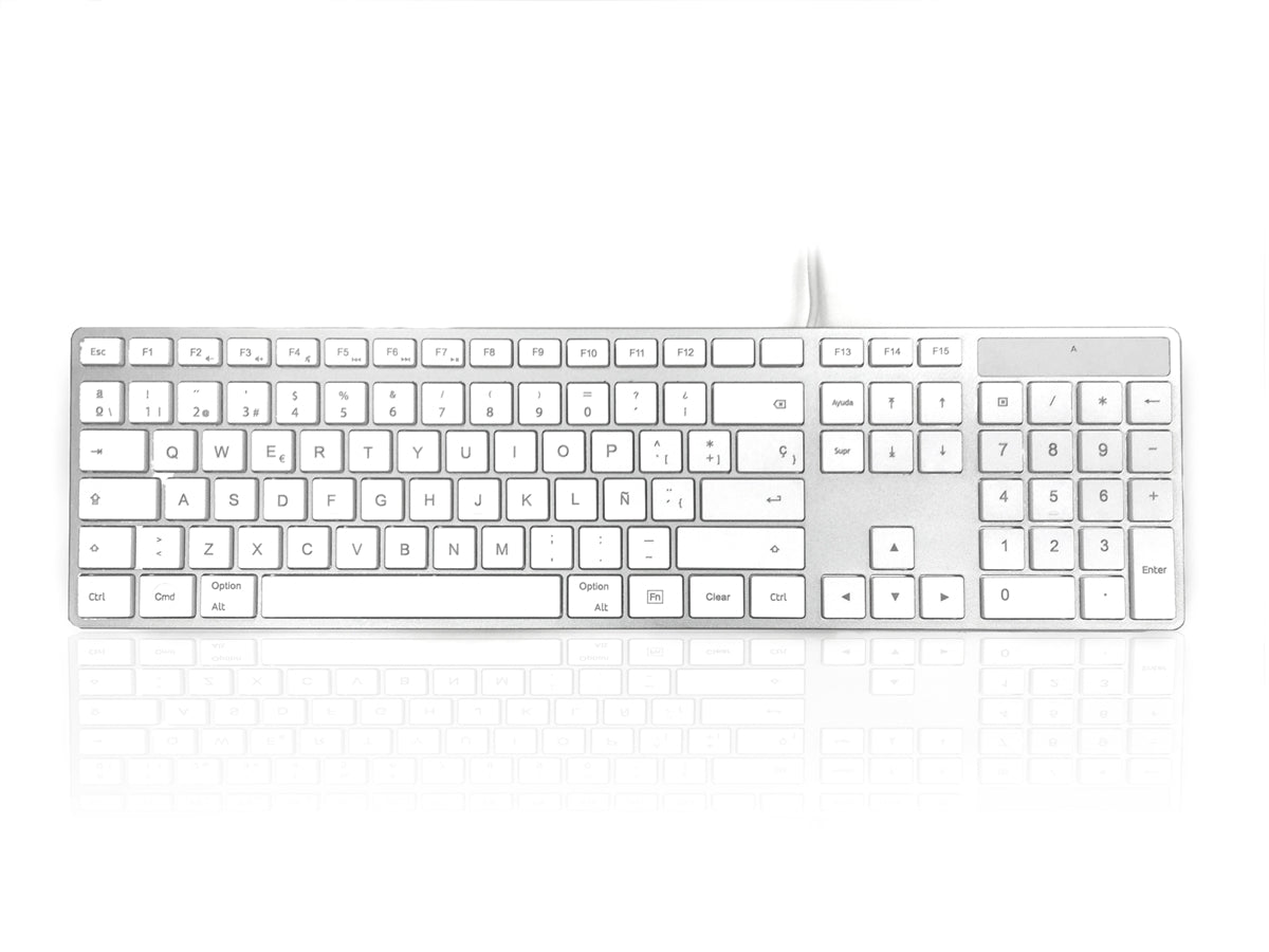 Accuratus 301 MAC - Clavier Multimédia Apple Mac Filaire USB Pleine Taille avec Touches Tactiles Carrées Blanches et Boîtier Argenté - Disposition du Clavier ESPAGNOL