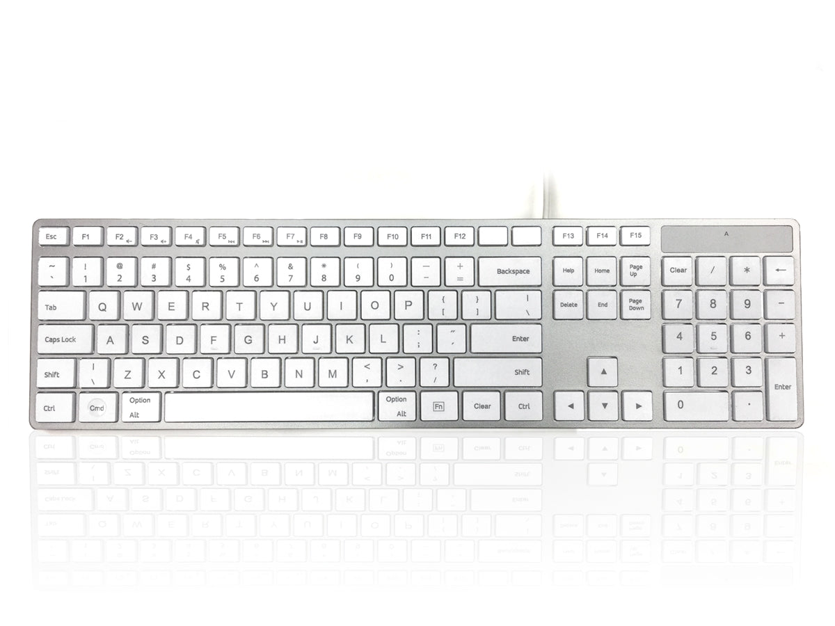 Accuratus 301 MAC - Clavier multimédia Apple Mac pleine taille filaire USB avec touches tactiles carrées blanches et boîtier argenté - Disposition du clavier en anglais américain