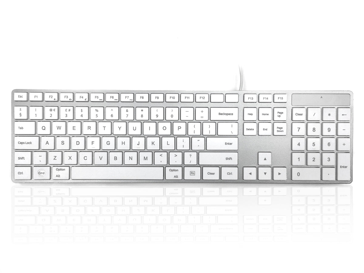 Accuratus 301 MAC - Clavier Multimédia Apple Mac Filaire USB Pleine Taille avec Touches Tactiles Carrées Blanches et Boîtier Argenté