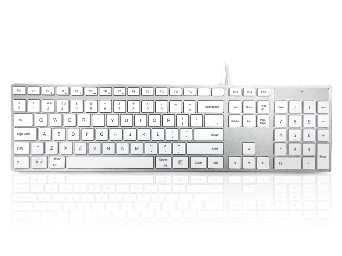 Accuratus 301 MAC - USB Wired Full Size Apple Mac Multimedia Keyboard with White Square Tactile Keys and Silver Case